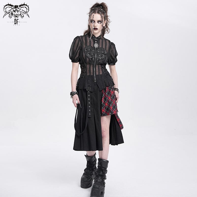 DEVIL FASHION Women's Gothic Stand Collar Puff Sleeved Sheer Shirt