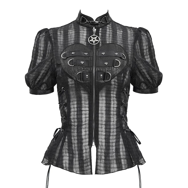 DEVIL FASHION Women's Gothic Stand Collar Puff Sleeved Sheer Shirt
