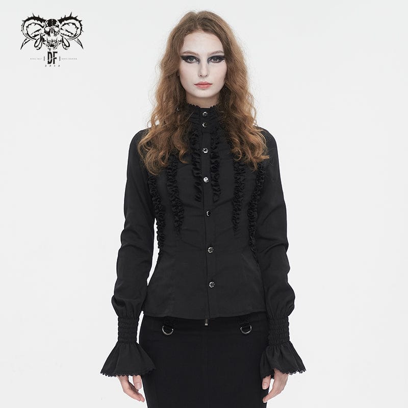 DEVIL FASHION Women's Gothic Stand Collar Ruffled Shirt Black