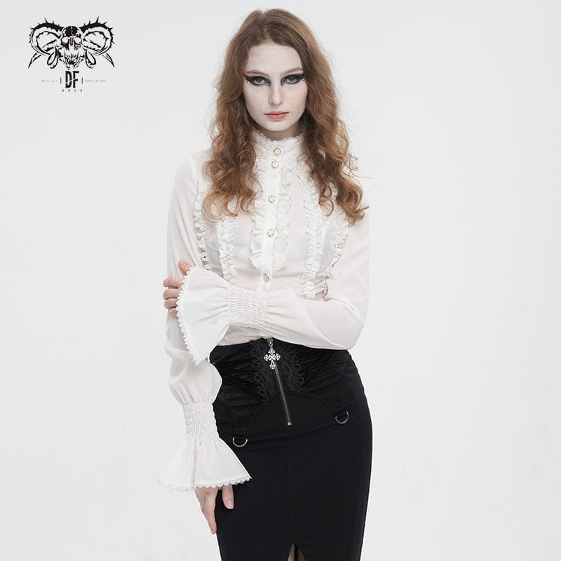 DEVIL FASHION Women's Gothic Stand Collar Ruffled Shirt White