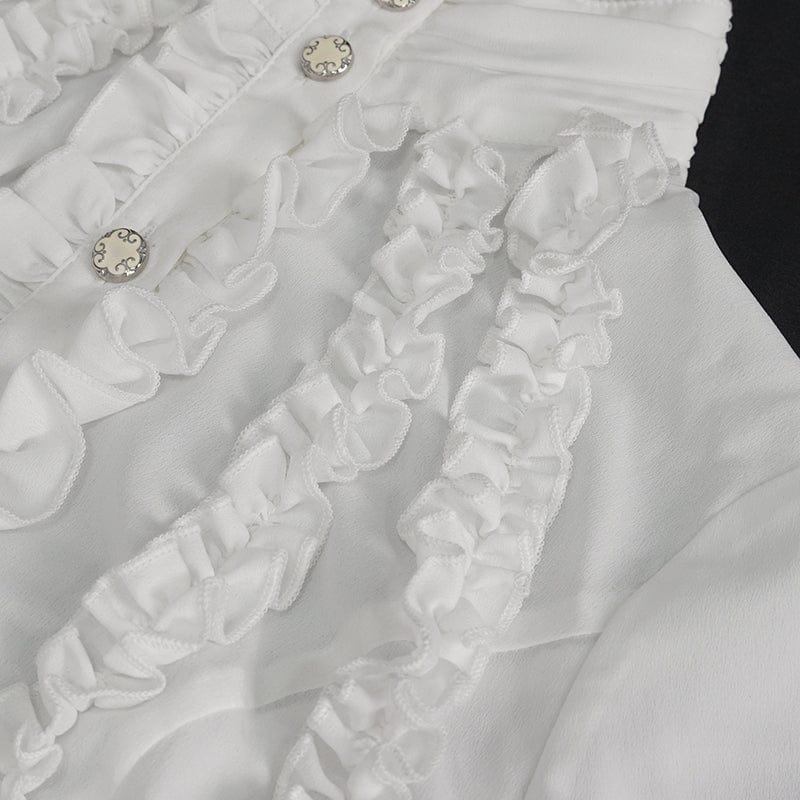 DEVIL FASHION Women's Gothic Stand Collar Ruffled Shirt White