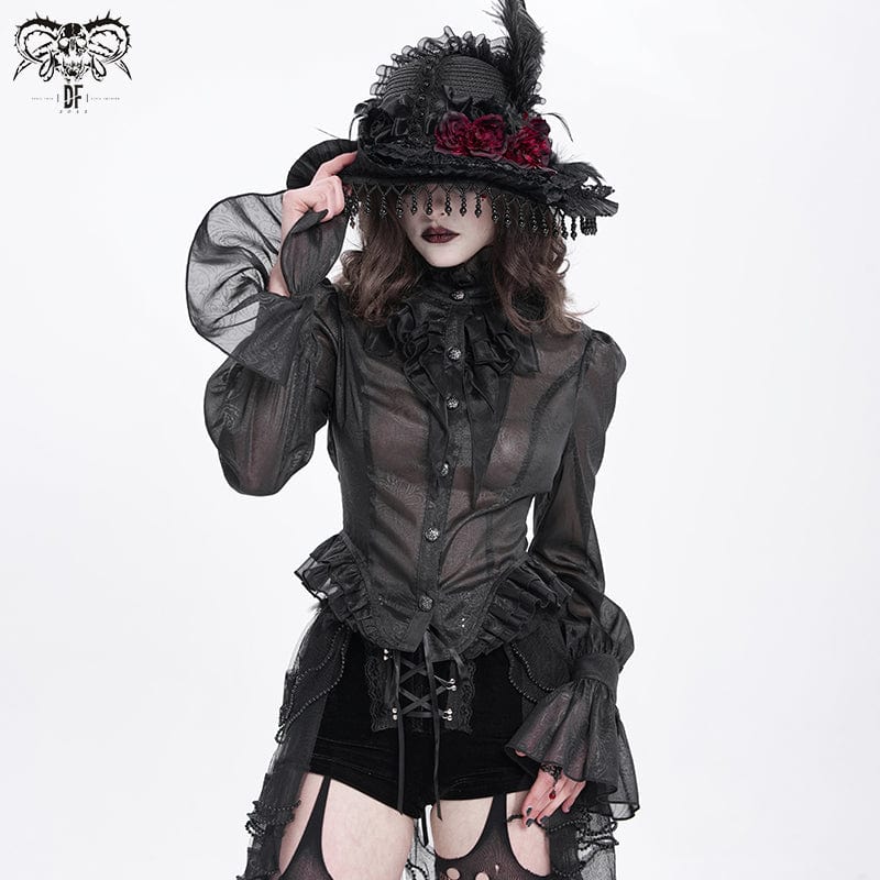 DEVIL FASHION Women's Gothic Stand Collar Ruffled Swallow-tailed Shirt