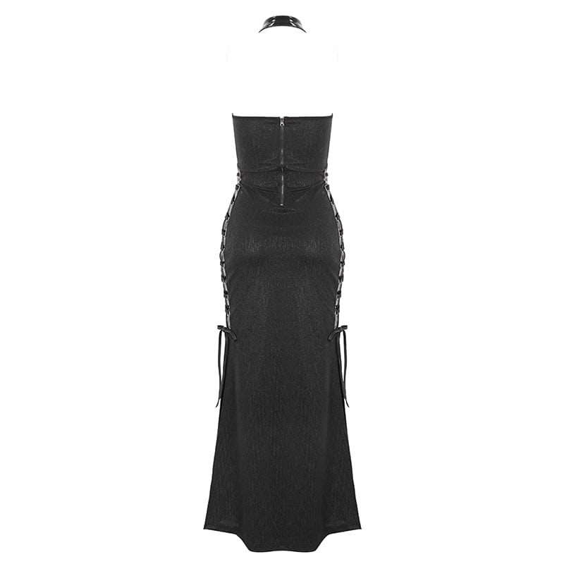 DEVIL FASHION Women's Gothic Strappy Side Slit Fitted Halterneck Dress