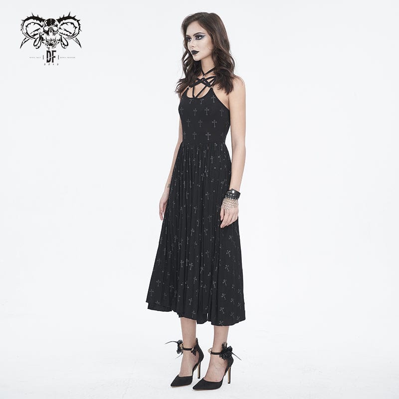 DEVIL FASHION Women's Gothic Strappy Split Maxi Dress with Shorts