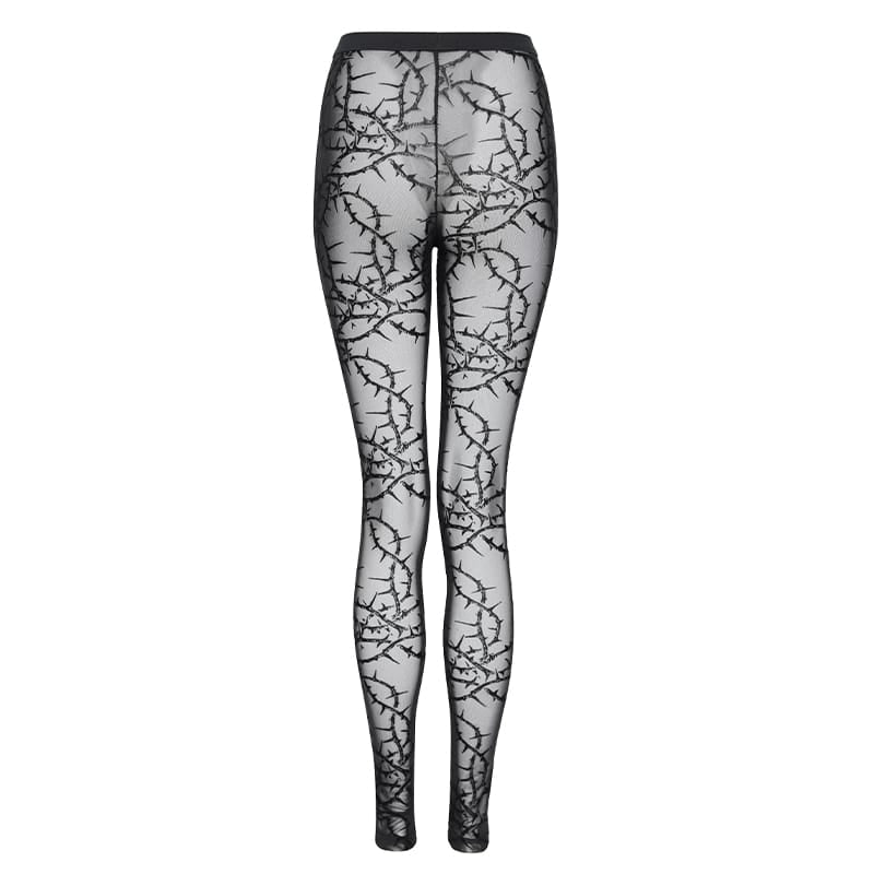 DEVIL FASHION Women's Gothic Thorny Vine Flocked Sheer Mesh Leggings