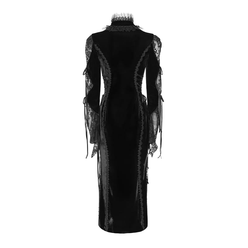 DEVIL FASHION Women's Gothic Velvet Plunging V-Neck Lace Mesh Long Sleeve Dress Black
