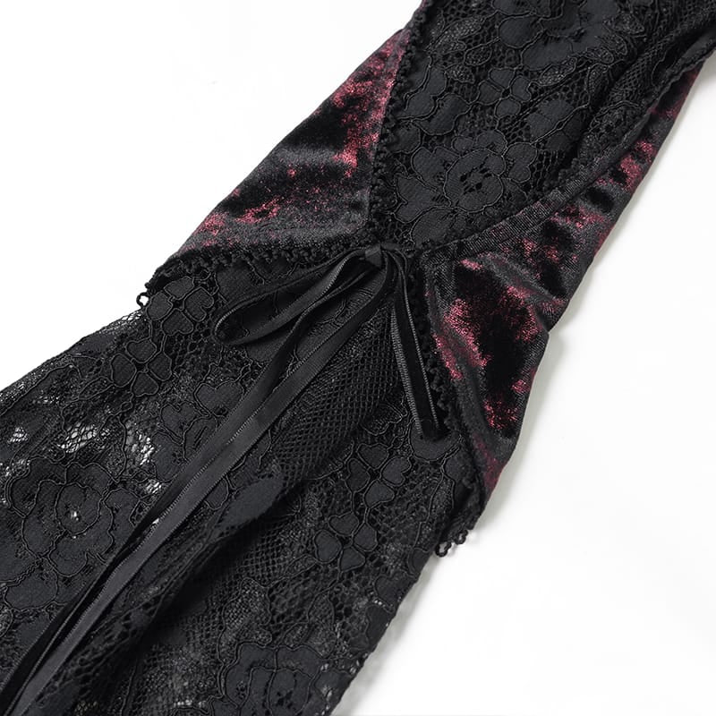 DEVIL FASHION Women's Gothic Velvet Plunging V-Neck Lace Mesh Long Sleeve Dress Black-Red
