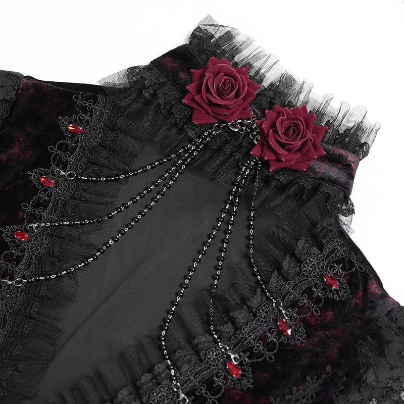 DEVIL FASHION Women's Gothic Velvet Plunging V-Neck Lace Mesh Long Sleeve Dress Black-Red