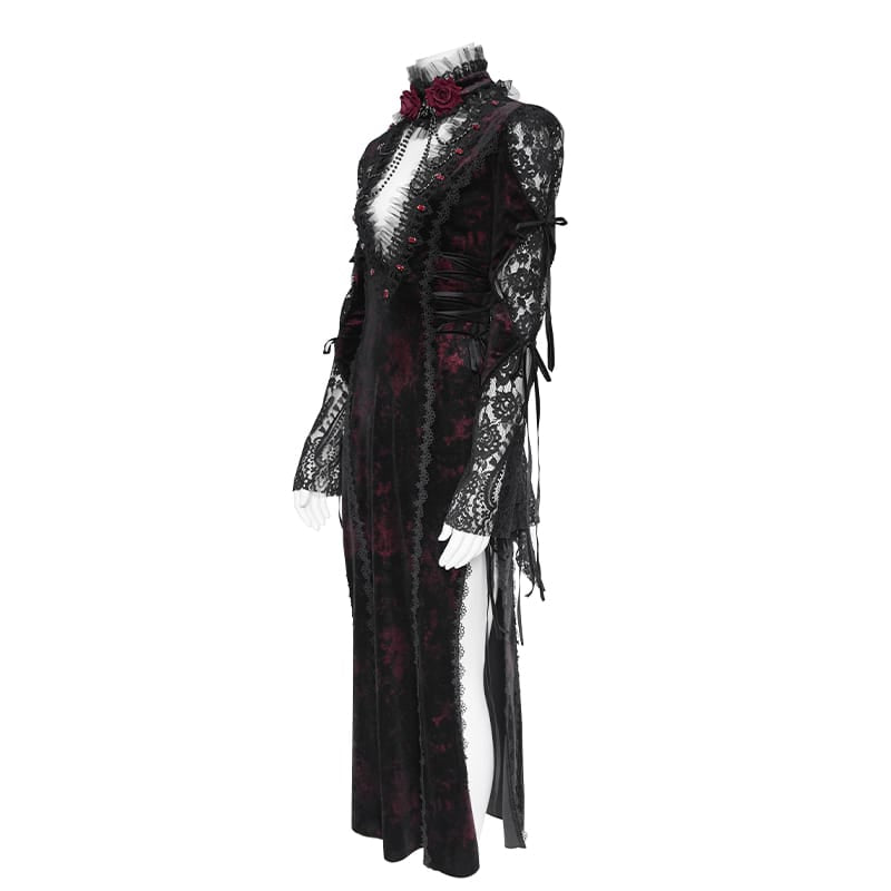 DEVIL FASHION Women's Gothic Velvet Plunging V-Neck Lace Mesh Long Sleeve Dress Black-Red