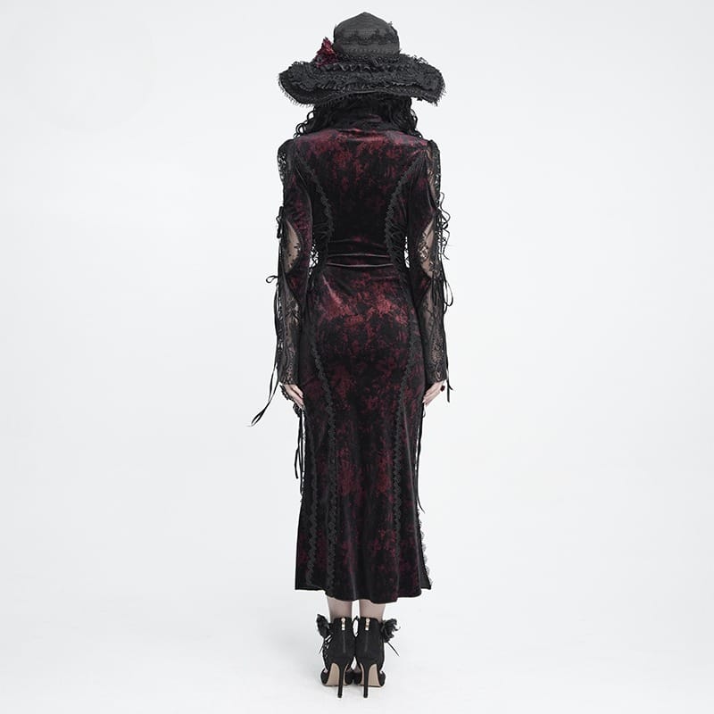 DEVIL FASHION Women's Gothic Velvet Plunging V-Neck Lace Mesh Long Sleeve Dress Black-Red