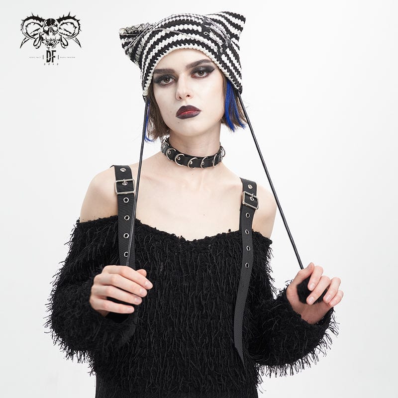 DEVIL FASHION Women's Grunge Striped Pin Car Ears Beanie Black