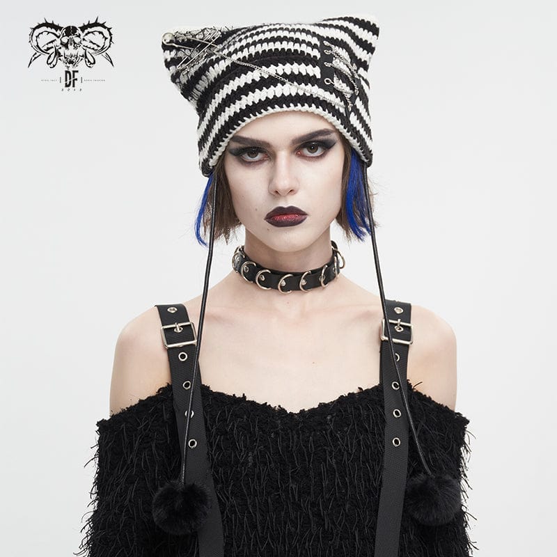 DEVIL FASHION Women's Grunge Striped Pin Car Ears Beanie Black