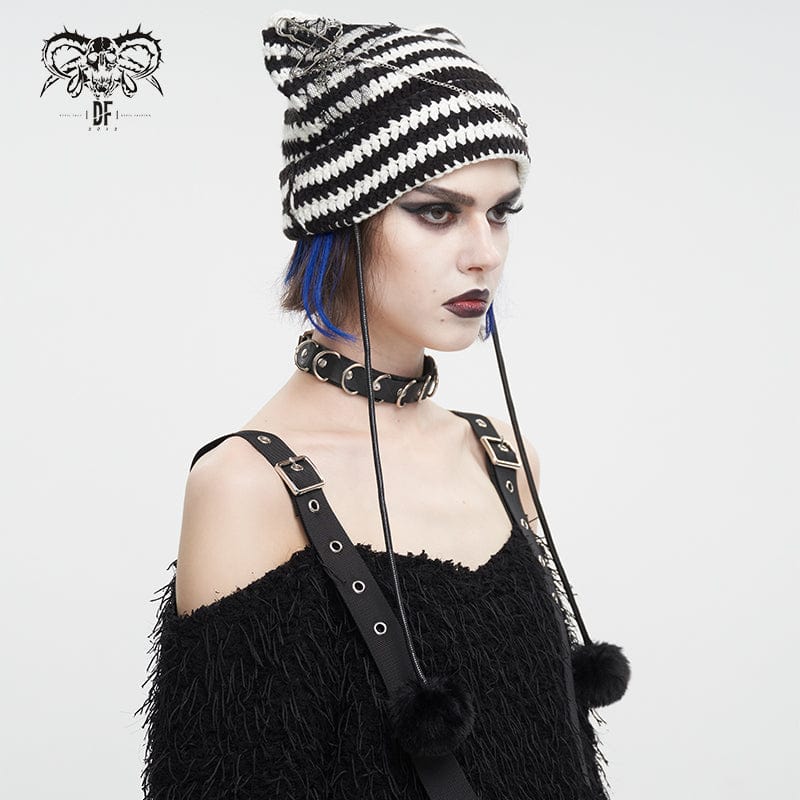 DEVIL FASHION Women's Grunge Striped Pin Car Ears Beanie Black