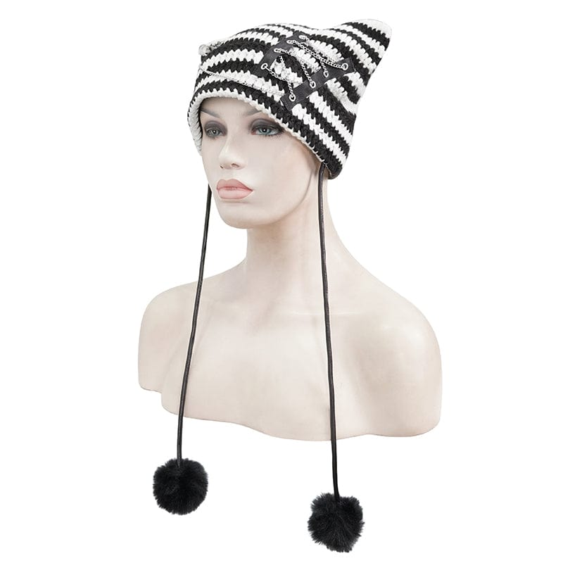 DEVIL FASHION Women's Grunge Striped Pin Car Ears Beanie Black