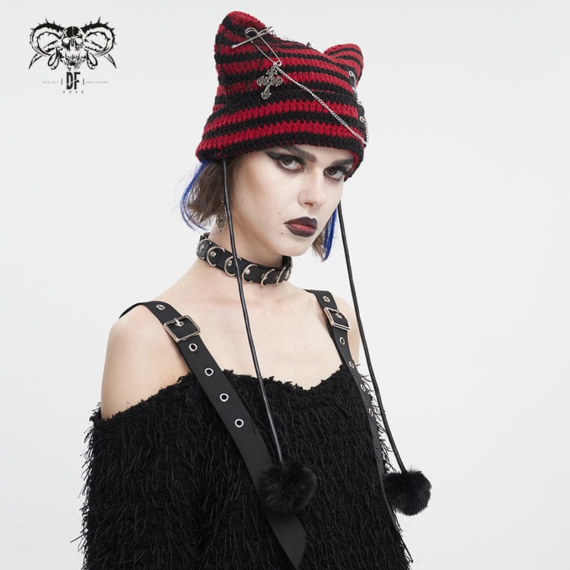 DEVIL FASHION Women's Grunge Striped Pin Car Ears Beanie Red