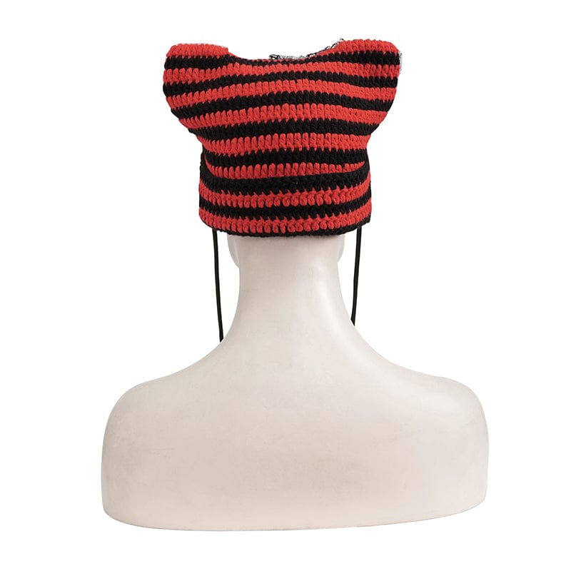 DEVIL FASHION Women's Grunge Striped Pin Car Ears Beanie Red