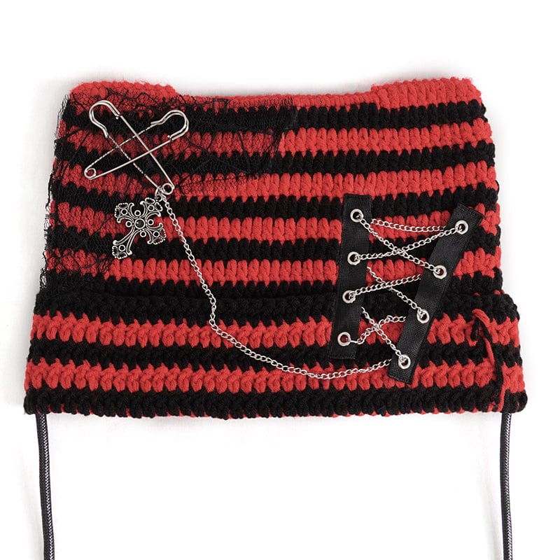 DEVIL FASHION Women's Grunge Striped Pin Car Ears Beanie Red