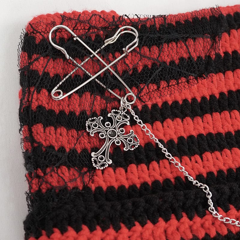 DEVIL FASHION Women's Grunge Striped Pin Car Ears Beanie Red