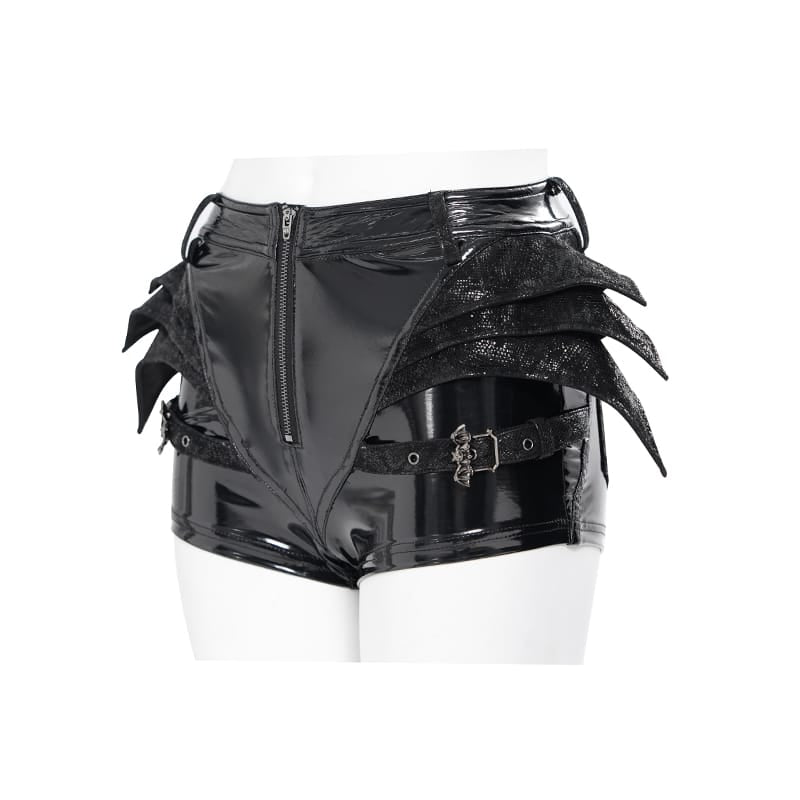 DEVIL FASHION Women's Punk Bat Buckle Straps Front Zipper Shorts