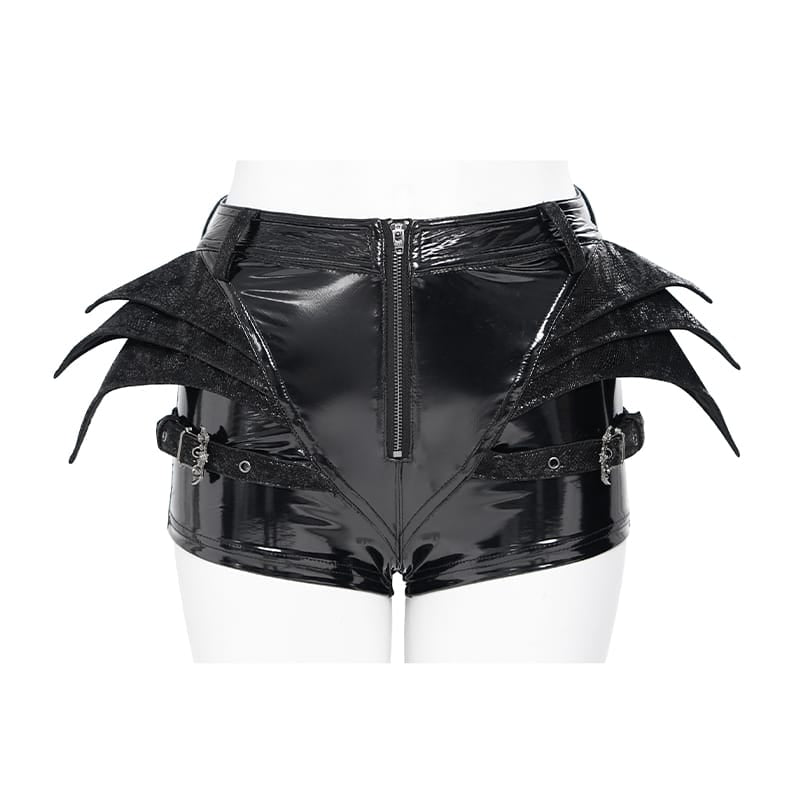DEVIL FASHION Women's Punk Bat Buckle Straps Front Zipper Shorts
