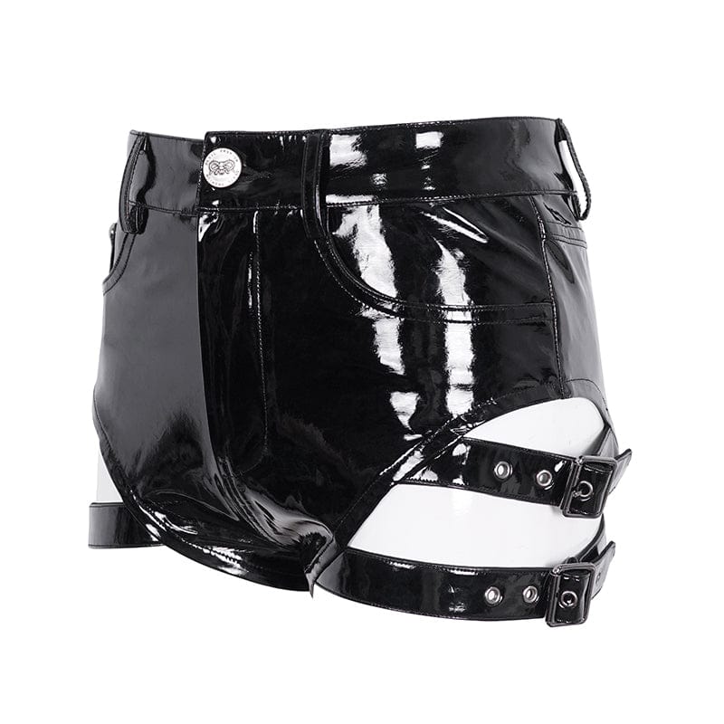 DEVIL FASHION Women's Punk Buckle Faux Leather Shorts