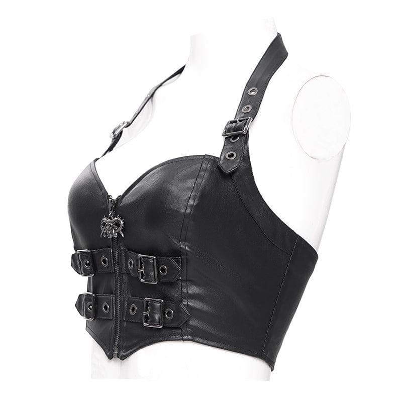 DEVIL FASHION Women's Punk Buckle Halterneck Overbust Corset