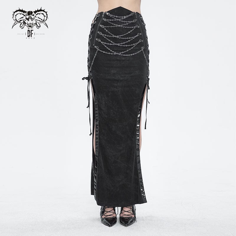 DEVIL FASHION Women's Punk Buckle Side Slit Wrapped Long Skirt