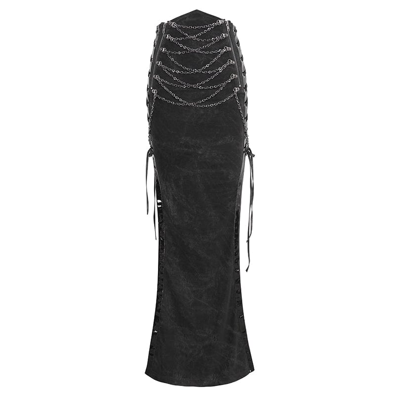 DEVIL FASHION Women's Punk Buckle Side Slit Wrapped Long Skirt