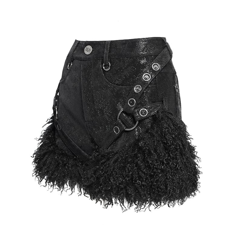 DEVIL FASHION Women's Punk Buckle Strap Plush Splice Shorts