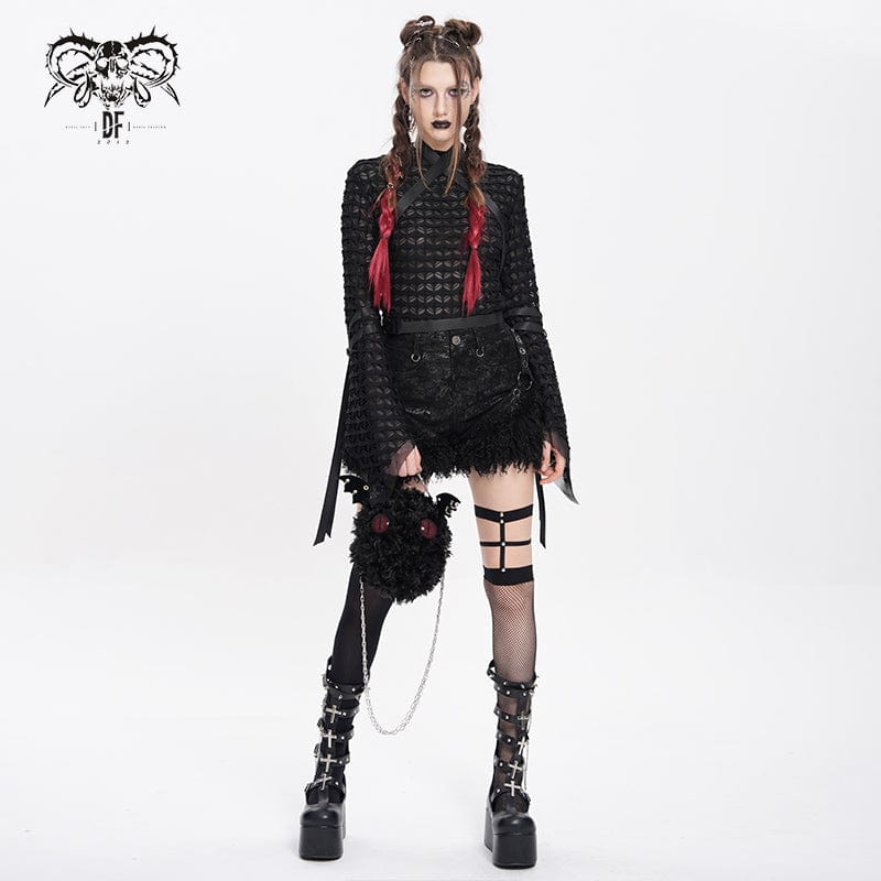 DEVIL FASHION Women's Punk Buckle-Up Strap Mesh Shirt