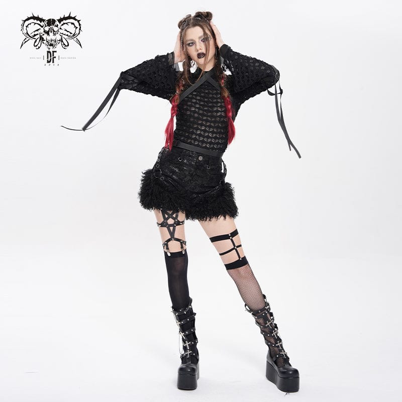 DEVIL FASHION Women's Punk Buckle-Up Strap Mesh Shirt