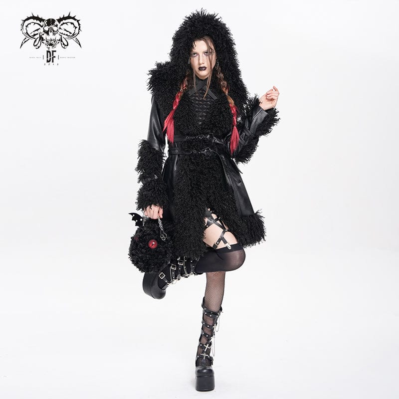 DEVIL FASHION Women's Punk Buckle-up Strap Plush Splice Coat