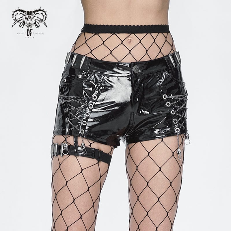 DEVIL FASHION Women's Punk Chain Buckle Faux Leather Shorts