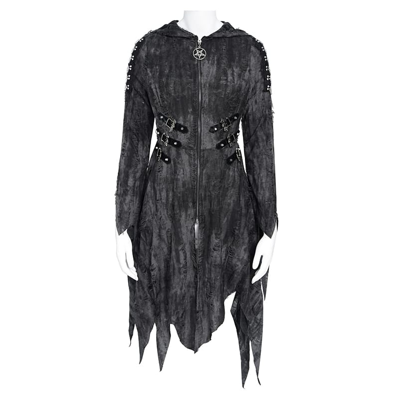 DEVIL FASHION Women's Punk Chain-Detailed Ripped Irregular Hooded Coat