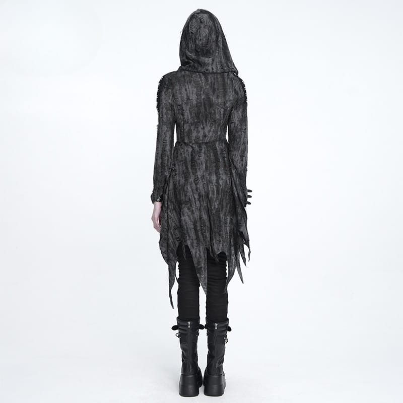 DEVIL FASHION Women's Punk Chain-Detailed Ripped Irregular Hooded Coat