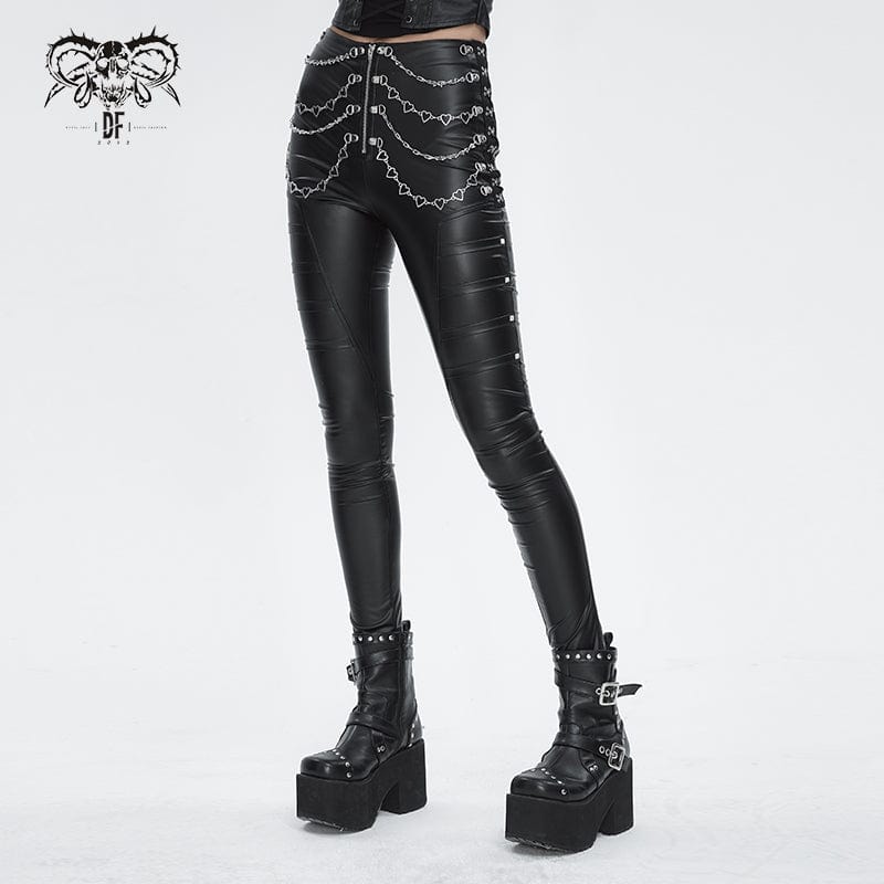 DEVIL FASHION Women's Punk Chain Stud Faux Leather Pants