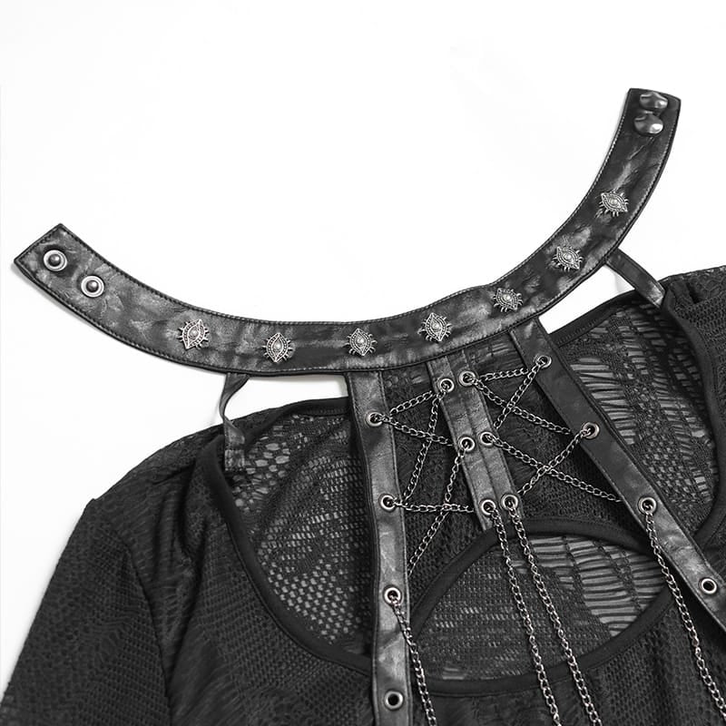DEVIL FASHION Women's Punk Chained Cutout Long Sleeve Top