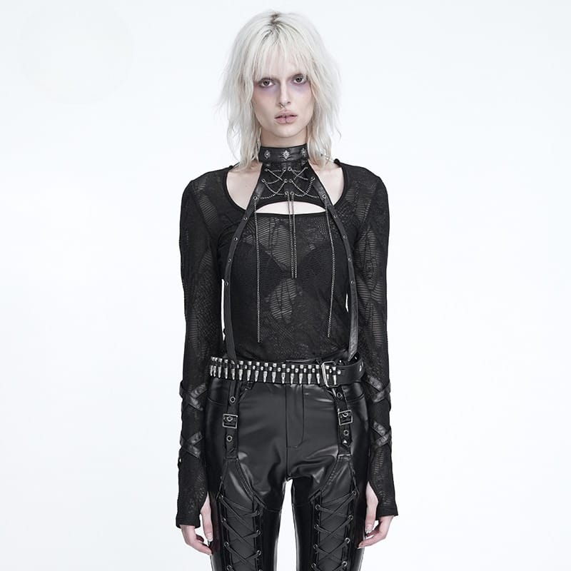 DEVIL FASHION Women's Punk Chained Cutout Long Sleeve Top