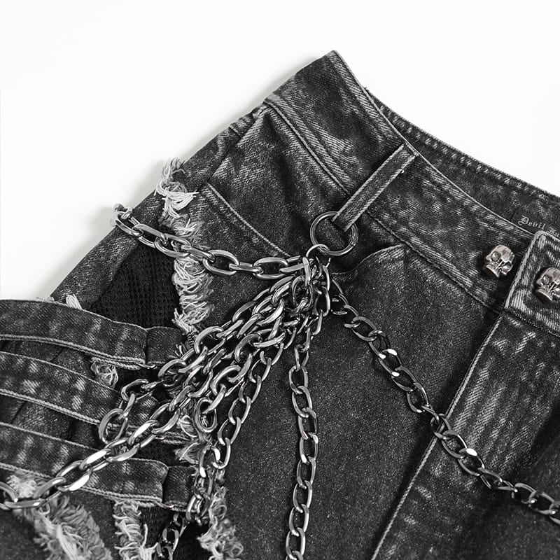 DEVIL FASHION Women's Punk Chained Ripped Raw Edge Wide Leg Jeans
