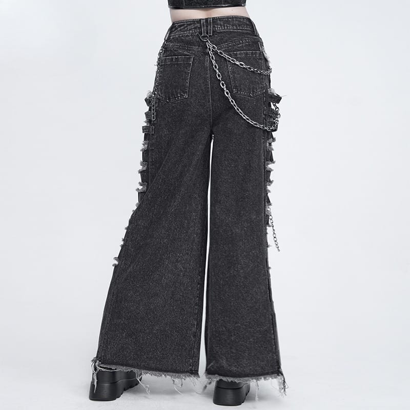 DEVIL FASHION Women's Punk Chained Ripped Raw Edge Wide Leg Jeans