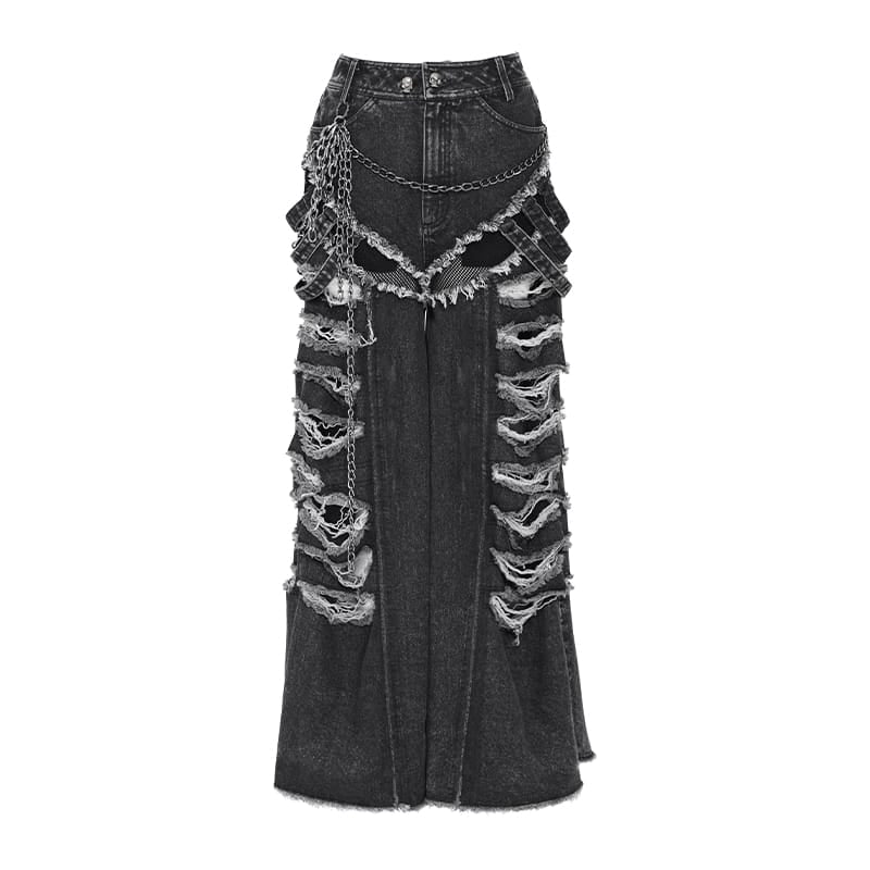 DEVIL FASHION Women's Punk Chained Ripped Raw Edge Wide Leg Jeans
