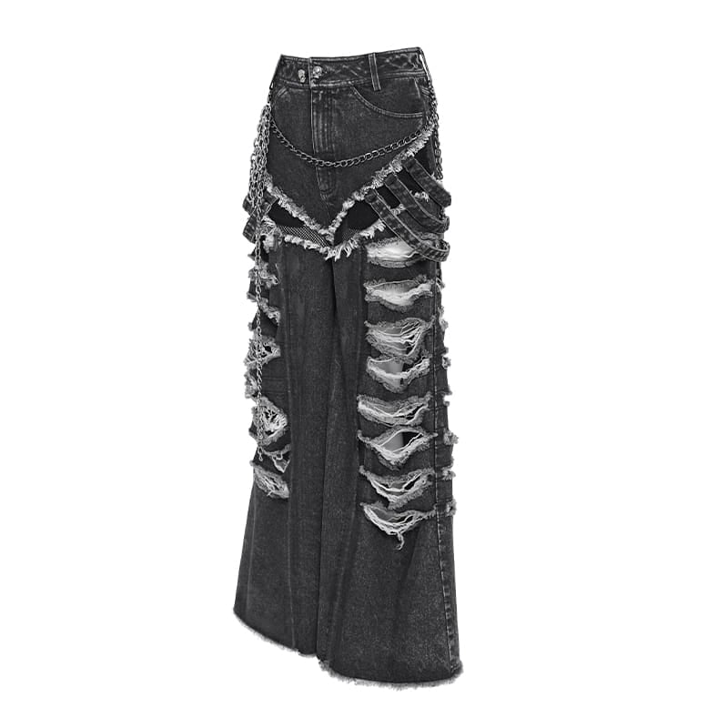 DEVIL FASHION Women's Punk Chained Ripped Raw Edge Wide Leg Jeans