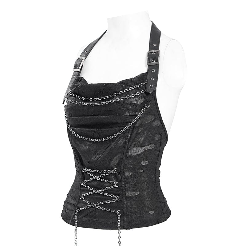 DEVIL FASHION Women's Punk Cowl Neck Ripped Chained Tank Top