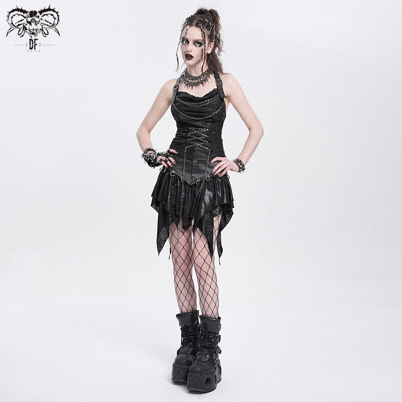 DEVIL FASHION Women's Punk Cowl Neck Ripped Chained Tank Top