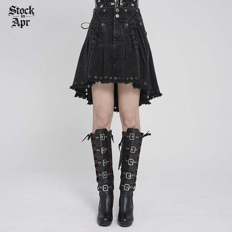 DEVIL FASHION Women's Punk Cross Eyelets High/Low Pleated Skirt
