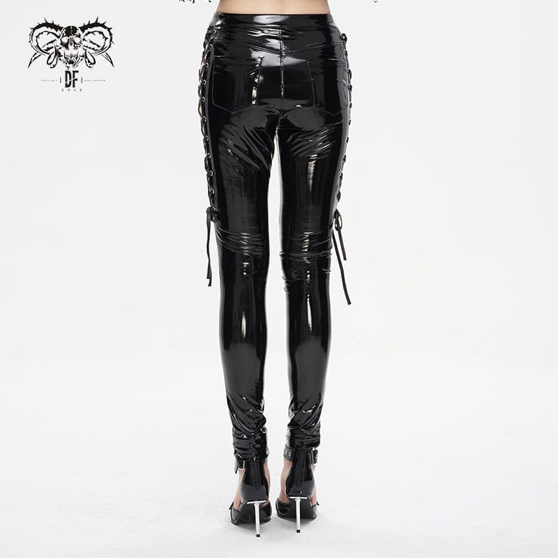 DEVIL FASHION Women's Punk Cutout Lace-up Patent Leather Pants