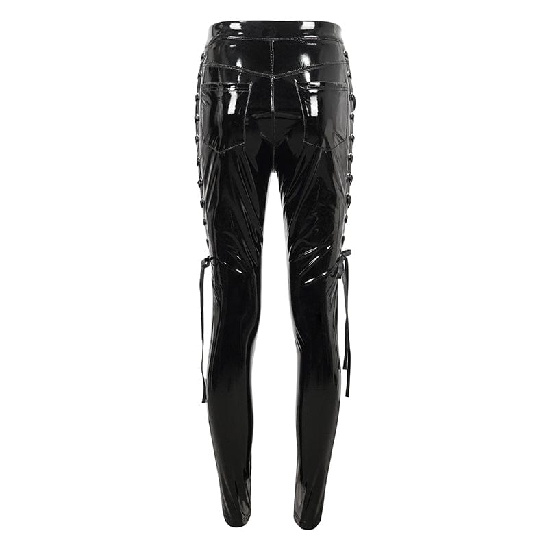 DEVIL FASHION Women's Punk Cutout Lace-up Patent Leather Pants