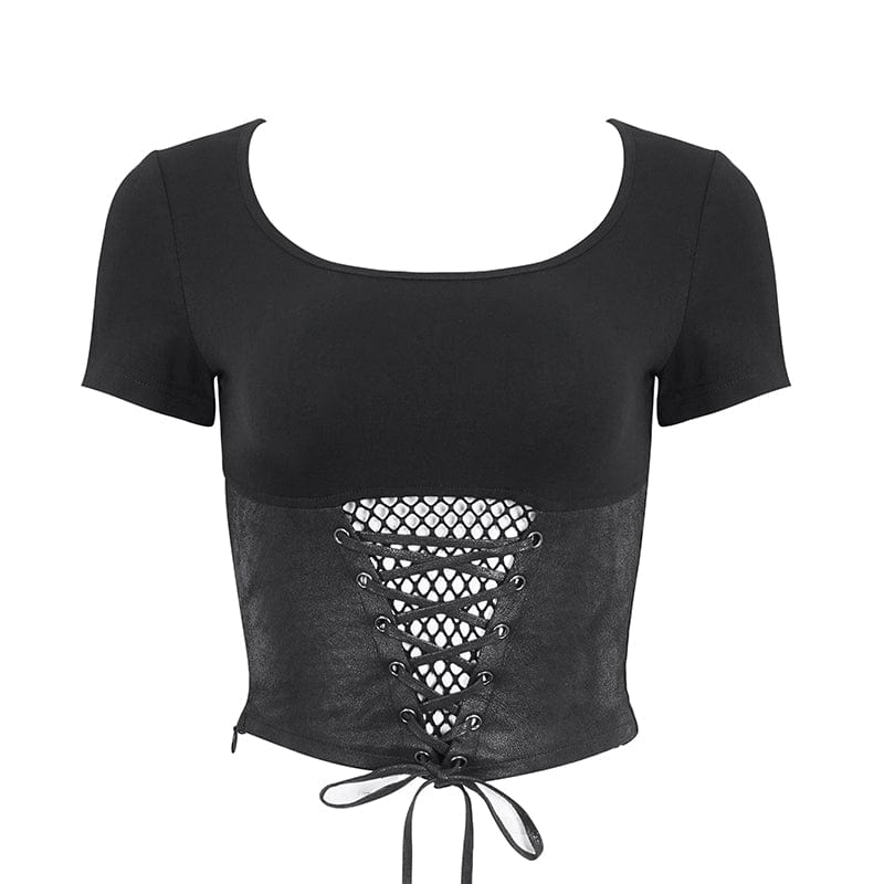 DEVIL FASHION Women's Punk Cutout Mesh Short Sleeved Crop Top