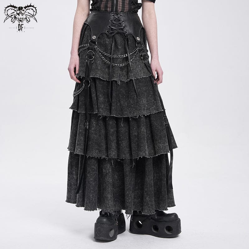 DEVIL FASHION Women's Punk Distressed Layered Lace-up Skirt