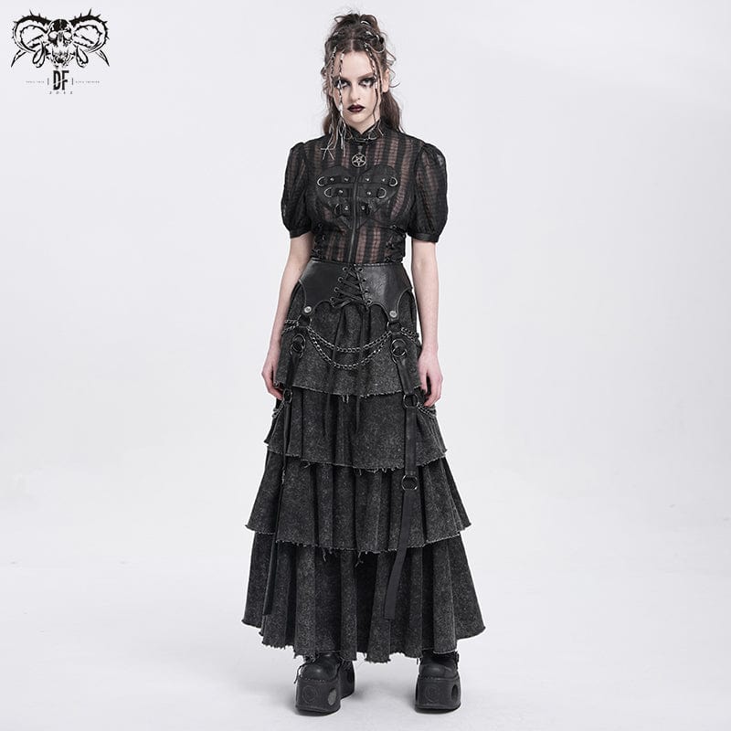 DEVIL FASHION Women's Punk Distressed Layered Lace-up Skirt
